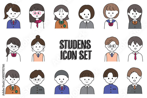 さまざまな制服の中学生・高校生の上半身アイコンセット