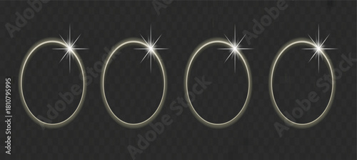 Four glowing vector light effect rings with sparkling highlights isolated on a dark transparent background