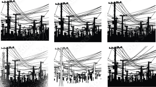 Dense network of overhead power lines and utility poles, urban electric infrastructure silhouette vector illustration showing complex wiring system and energy distribution