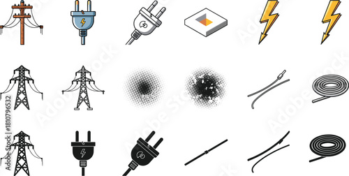 Electric power icons collection with plugs, lightning symbols, transmission towers, wiring cables, halftone effects, utility pole illustrations for energy industry design resources