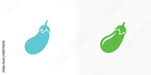 Simple turquoise and green colored eggplant icons on a light grey background