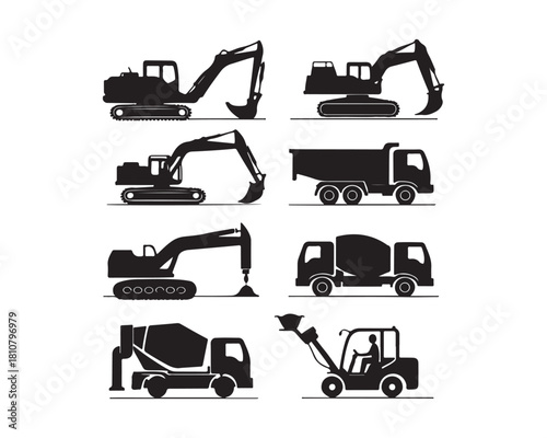 construction vehicles silhouette, construction vector set, heavy vehicles silhouette, excavator silhouette, bulldozer silhouette, crane silhouette, dump truck silhouette, loader silhouette,