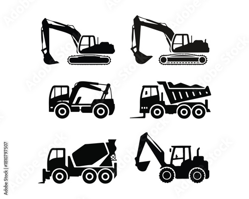 construction vehicles silhouette, construction vector set, heavy vehicles silhouette, excavator silhouette, bulldozer silhouette, crane silhouette, dump truck silhouette, loader silhouette,