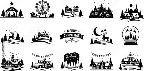 Christmas vector illustration set, festive icons, winter scenes, holiday design, snow village, reindeer artwork, nativity theme, black graphics