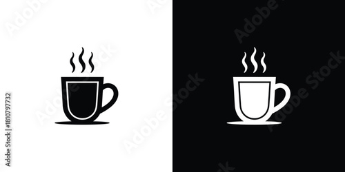 Steaming Coffee Mug Icon with Handle, Monochrome on Transparent Background