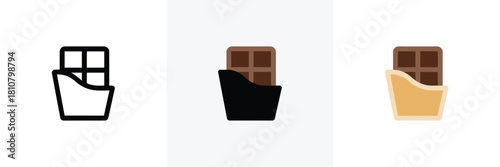 Three stylized chocolate bars in outline, solid black, and colored versions showcasing sweet treats