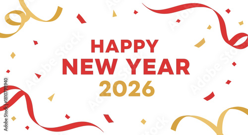 Celebrate 2026 New Year's Eve with festive red and gold confetti party decorations for social media posts and invitations, spreading holiday cheer