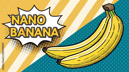 Two bananas with nano banana text in a comic style on a striped and dotted background illustration | editable eps vectors silhouette