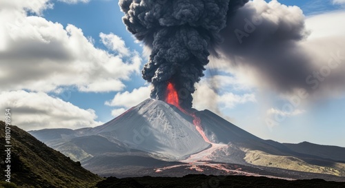 Dramatic eruption scene showing a volcano emitting dense gray ash high into the atmosphere, with detailed textures of the plume and crater.