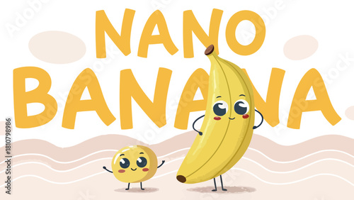 Illustration featuring a large banana and a smaller banana character with the text nano banana above them | editable eps vectors silhouette