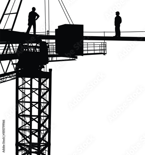 Construction crane with workers silhouette, high-rise building site scene, industrial lifting equipment, heavy machinery and labor crew illustration