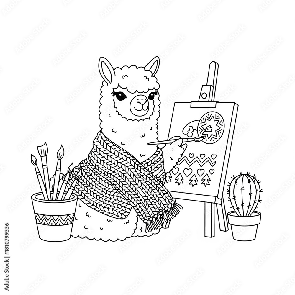 Obraz premium Cute llama is painting winter scene on easel wearing scarf