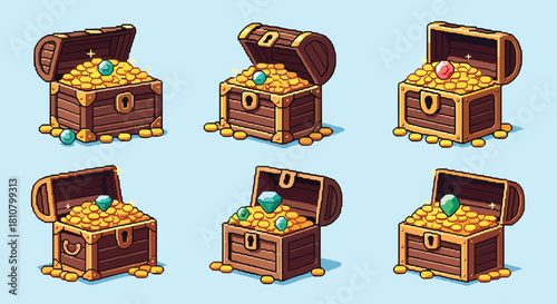 Pixel art illustration of six open treasure chests, each brimming with shiny gold coins and various sparkling gemstones, on a light blue background.