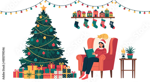 A cozy Christmas scene with a woman reading a book in an armchair by a decorated Christmas tree, surrounded by festive decorations.