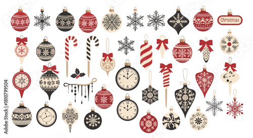 An assortment of classic Christmas ornaments featuring red, black, and white colors with various shapes and traditional patterns.