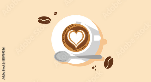 A top-down view of a minimalistic coffee cup with beautiful heart latte art, a spoon, and scattered coffee beans on a warm beige background.
