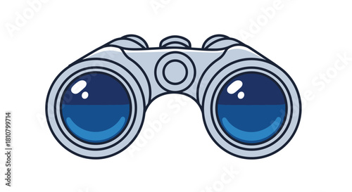 A clean, vector-style graphic of grey binoculars with reflective blue lenses, ideal for themes of adventure, vision, and searching.