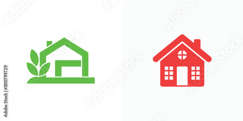 Two houses icons on white, green house with leaves, red house with cross window