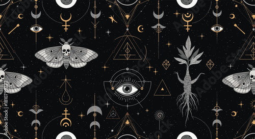 Mystical seamless pattern with occult symbols like skull moths, mandrake, and all-seeing eyes against a starry dark sky.