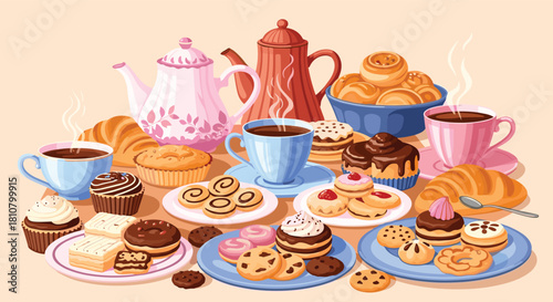 A delightful assortment of freshly baked pastries, sweet treats, and steaming hot coffee and tea, creating an inviting spread.