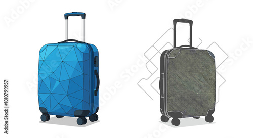 Modern travel luggage featuring a bright blue suitcase with a geometric pattern and a textured green suitcase, isolated on white.