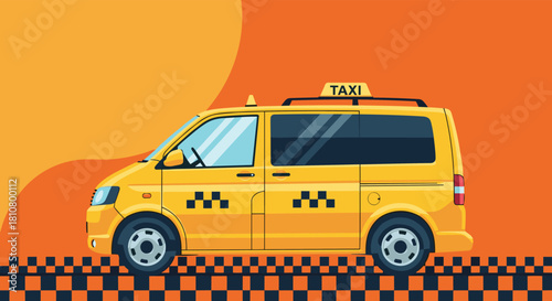 Illustration of a vibrant yellow taxi van with a 'TAXI' sign on its roof and checkered details, set against an orange backdrop.