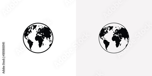 Two Monochrome Globe Icons Displaying Continents, Black and White Graphics Representation