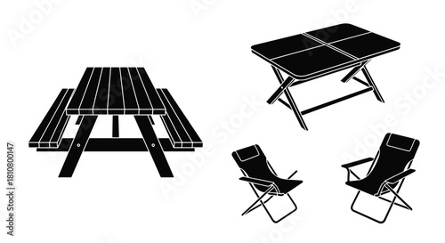 Black silhouette icons of outdoor and camping furniture, featuring a picnic table, a portable folding table, and two folding chairs.