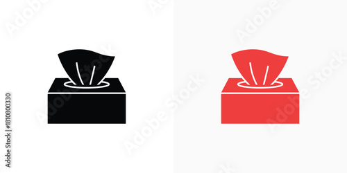 Two simple identical tissue box icons are presented, one in black and one in vibrant red