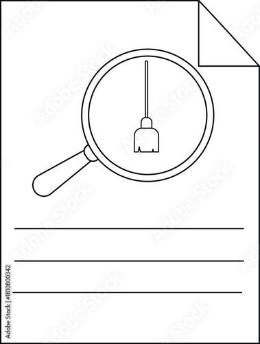 A document displays a magnifying glass focusing on a broom Below three lines suggest space for writing