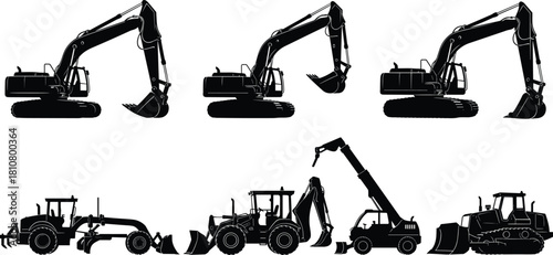 Construction vehicle silhouette illustration set, heavy machinery icons, black vector, equipment design, excavation tools, industrial artwork, grid layout