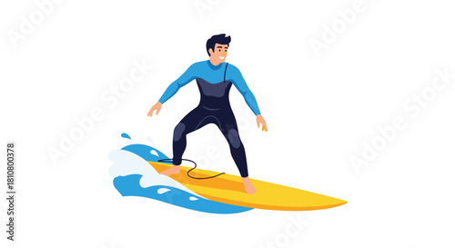 Illustration of a man surfing on a yellow surfboard with blue waves.