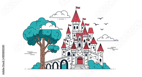 Fairytale castle illustration with a large tree and birds flying in a cloudy sky.