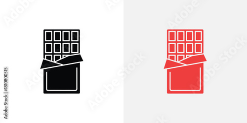 Two stylized chocolate bars, one in black outline and one in red, partially unwrapped for display