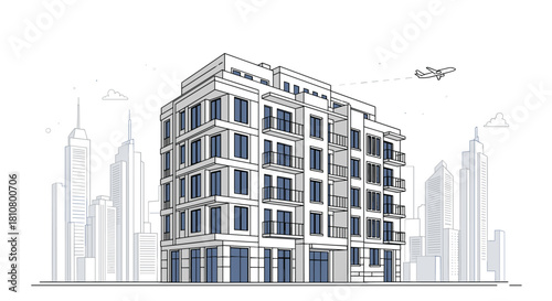 Illustration of a modern apartment building in a city with skyscrapers and an airplane in the sky.