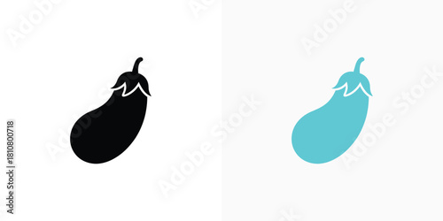 Two stylized eggplant icons on a light gray background, one black and one bright blue