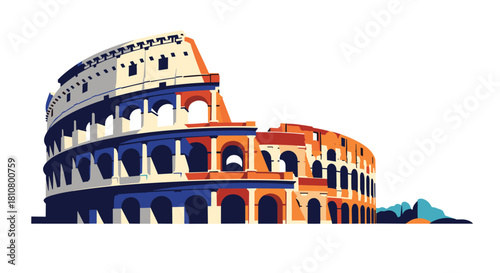 Vector illustration of the Colosseum in Rome, Italy, in a pop-art style depicting architectural landmarks and cultural heritage.