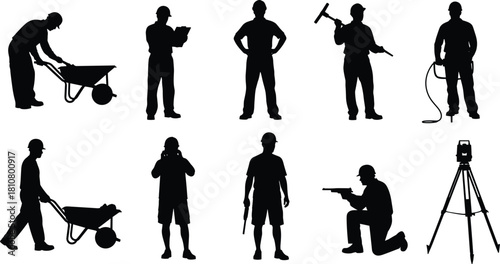 Construction worker silhouette illustration set, fieldwork poses, black vector, tool usage, surveying activity, labor design, equipment artwork