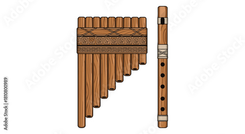 Traditional wooden pan flute and a straight flute displayed side by side, featuring handcrafted designs and natural wood textures.