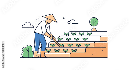 Farmer tending to crops on terraced farmland in a flat illustration style.