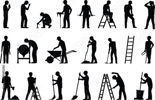 Construction worker silhouettes, laborers using tools, digging, lifting, climbing ladders, industrial worksite poses, builder activity illustration set for design projects