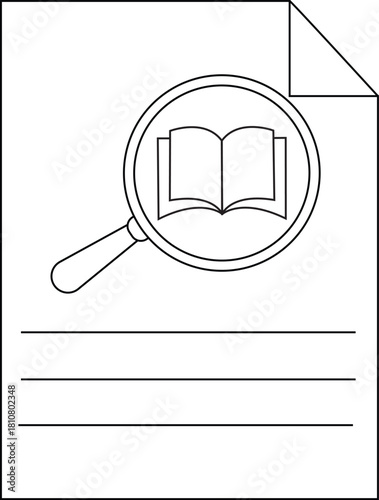 A document icon shows a book under a magnifying glass with text lines below and a folded corner