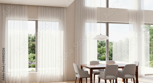 Bright and Modern Interior with Large Windows and Dining Table