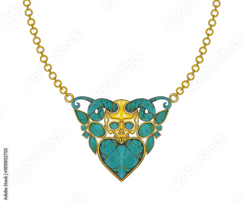 Jewelry design demon skull necklace with turquoise and heart by hand drawn.