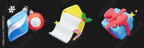 3D vector illustration Christmas Holiday Decorations: Christmas tree decorations, yellow envelope with letter for santa claus and Candy Cane, Blue Present Box with Red Bow.