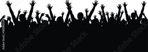 Crowd silhouette illustration, raised hands, cheering people, black vector, celebration pose, concert audience, unity artwork, event participation graphic
