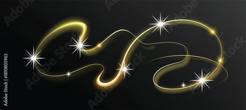 Golden glowing vector light trail with sparkling stars and magical shimmer on a dark background