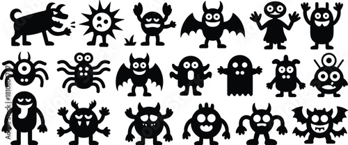 Cute cartoon monster silhouettes collection, spooky fantasy creatures, funny Halloween characters, playful scary icons, quirky mythical beasts, kids illustration set