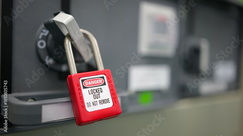 LOTO safety lock, red danger padlock, equipment lockout, maintenance protection, energy isolation device