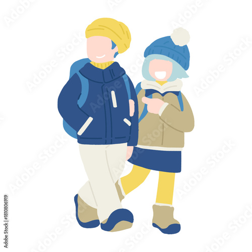 腕を組んでいる冬服の仲良しカップル[男女]のフラットなイラスト